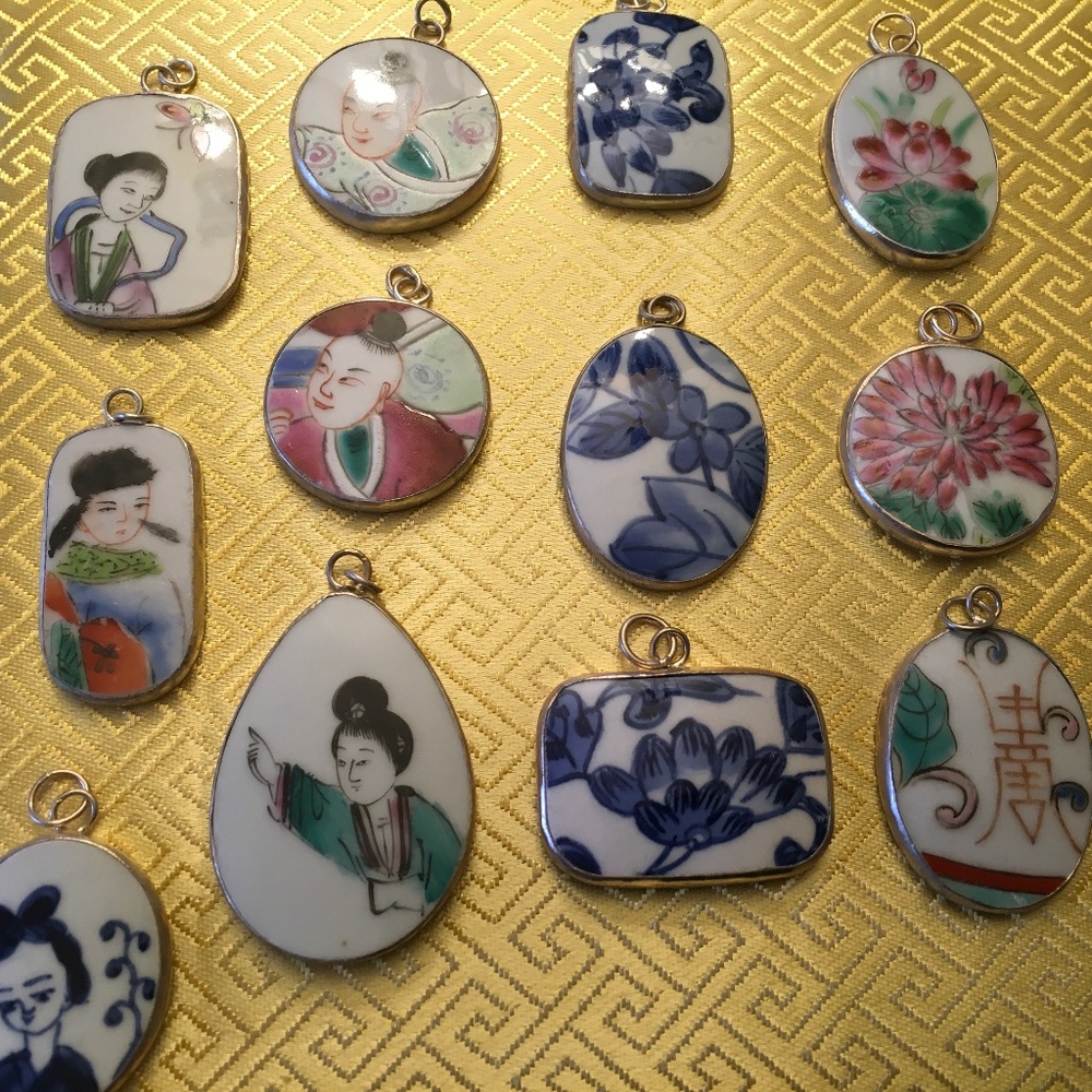 Assorted Porcelain Shard and Silver Pendants
